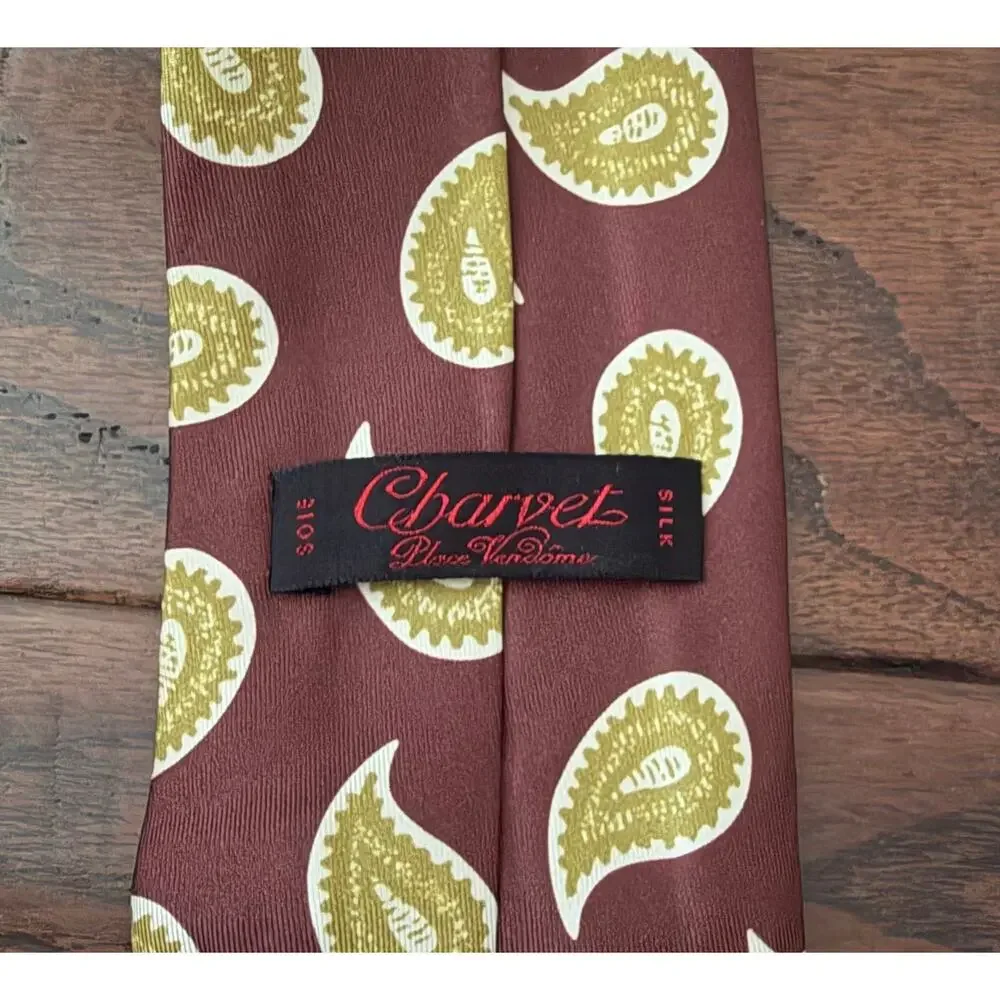 $325 NWT Charvet Paris Burgundy Gold Paisley 100% Woven Silk Neck Tie